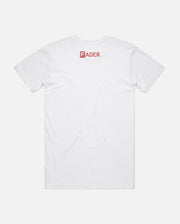 back of white t-shirt with FADER logo on neck