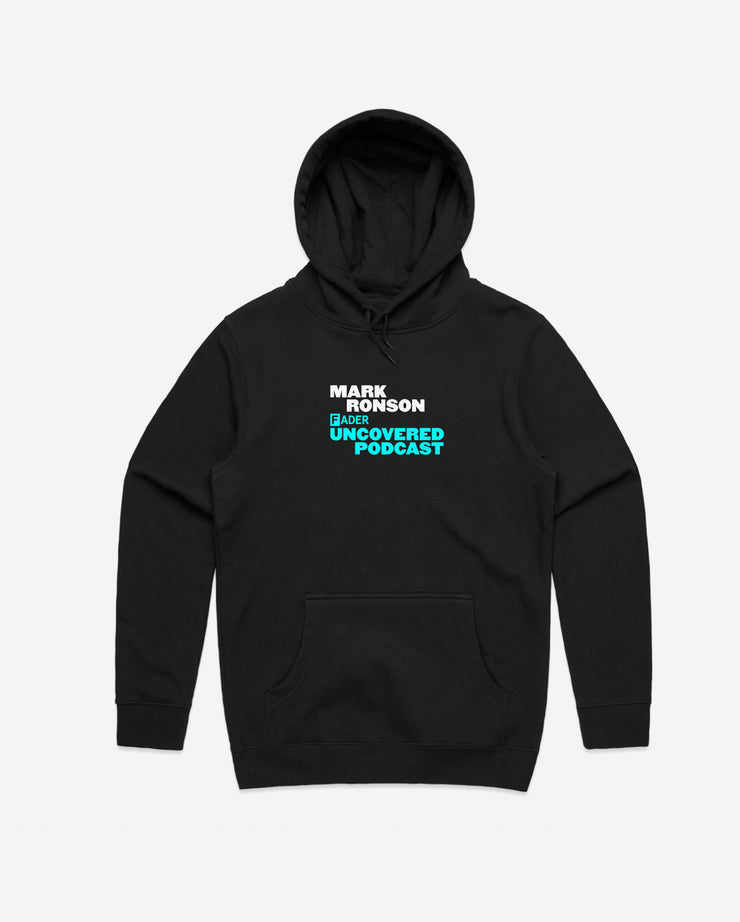 front of black hoodie with Mark Ronson the FADER uncovered podcast 