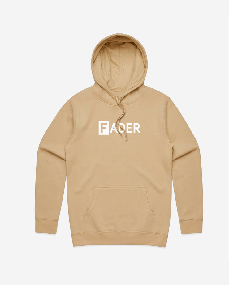 tan hoodie with the FADER logo 