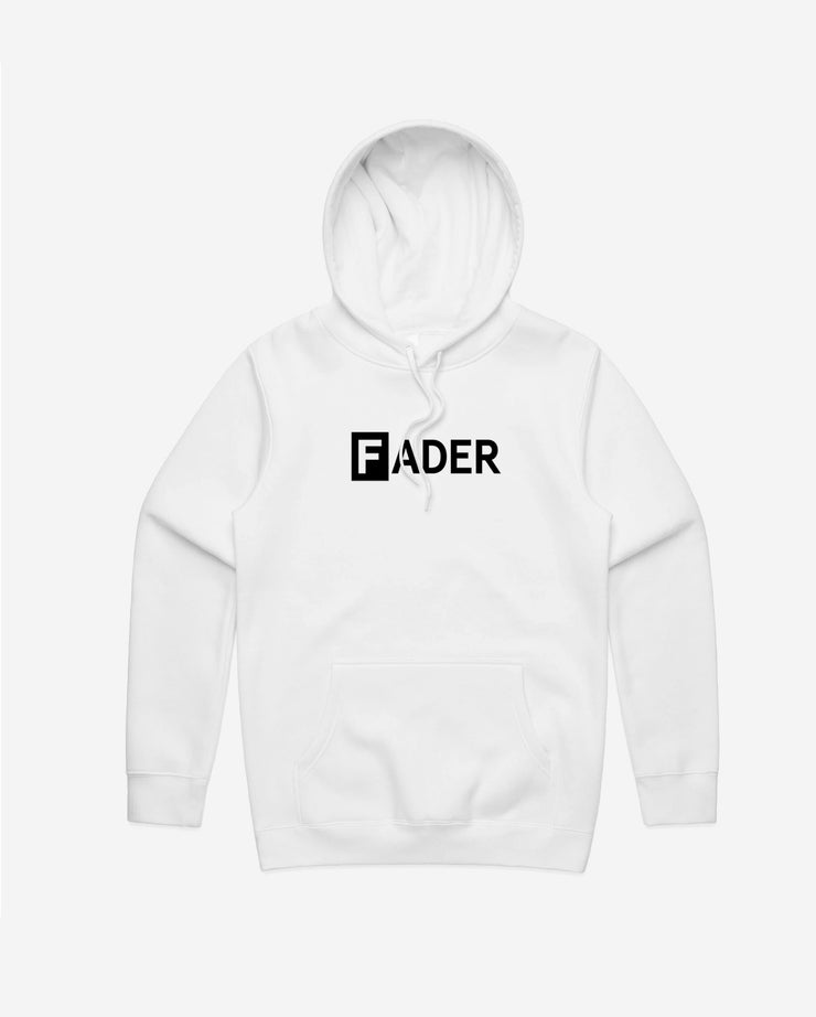 white hoodie with the FADER logo