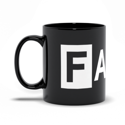 black mug with FADER logo