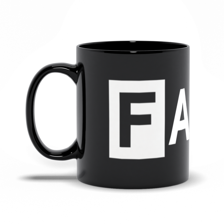 black mug with FADER logo